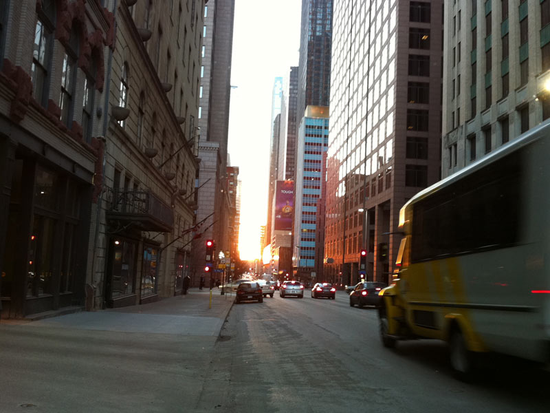 Looking down Elm Street In Dallas at sunset.