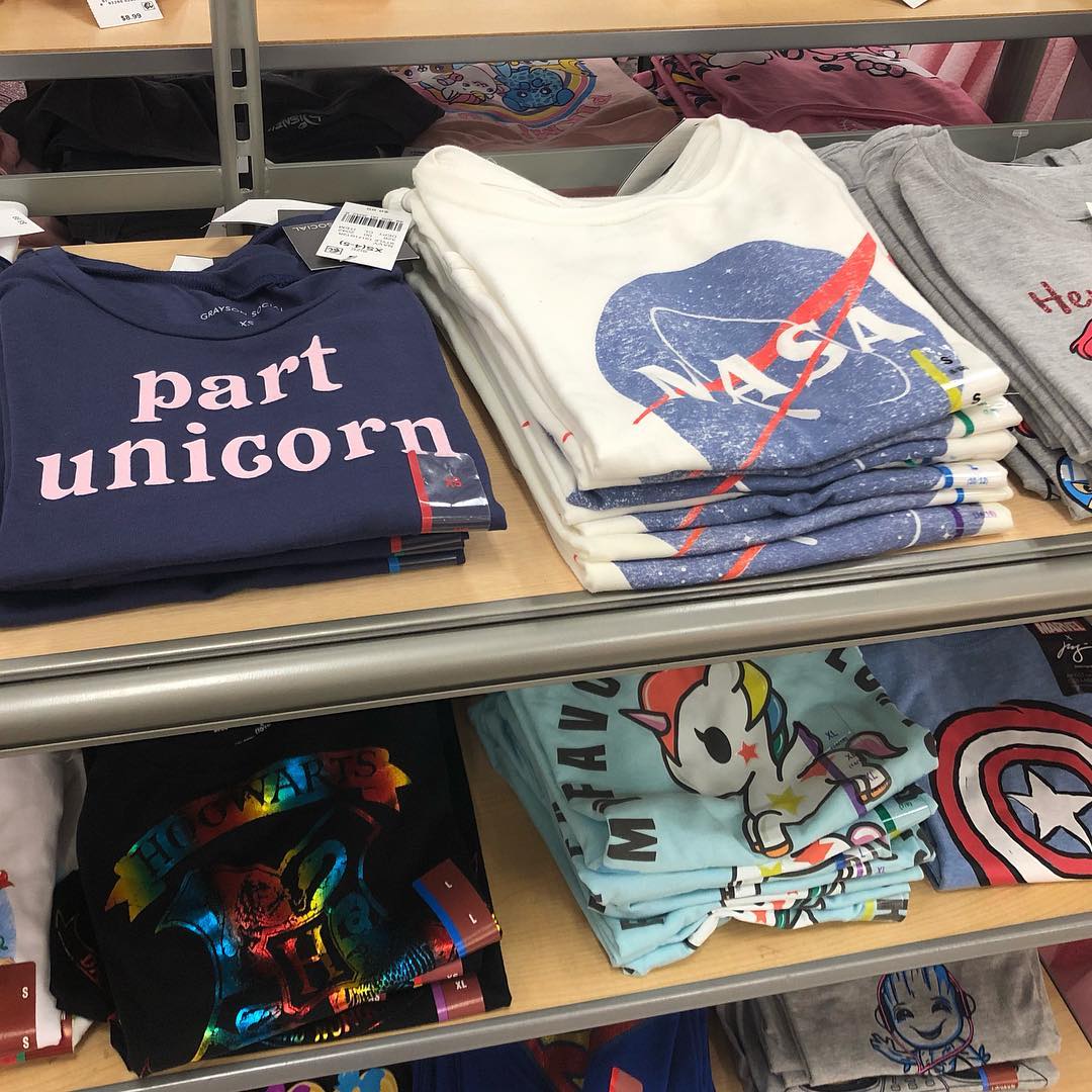 Girls t-shirt section at @target: unicorns and NASA. Yes! My daughter (and all girls) can do it all.