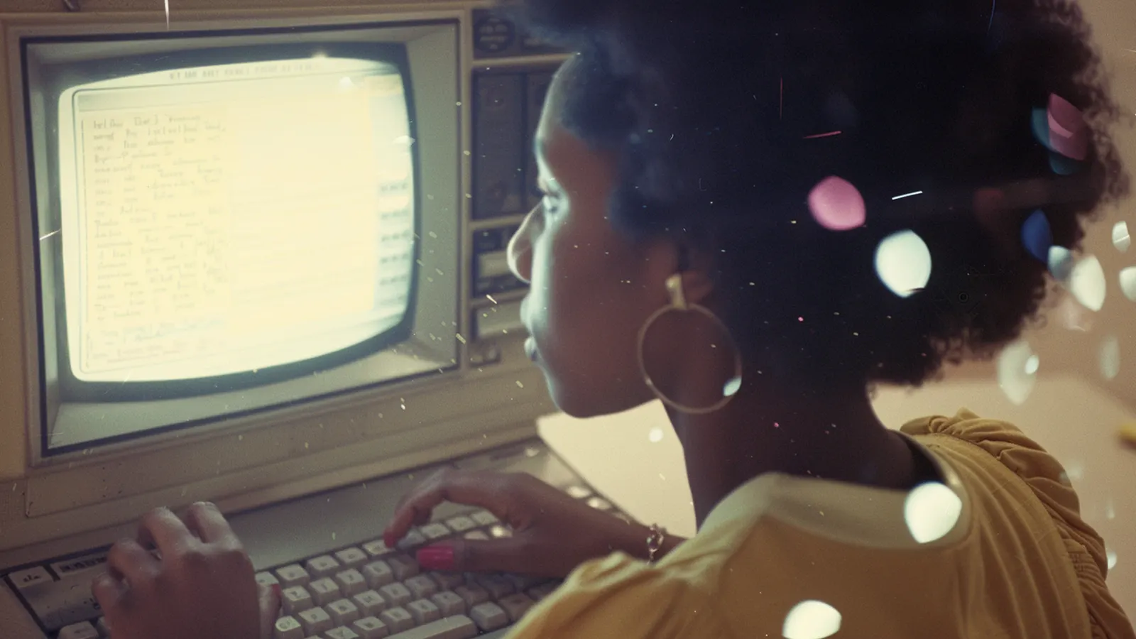looking over the shoulder of a black woman reading a retro computer screen