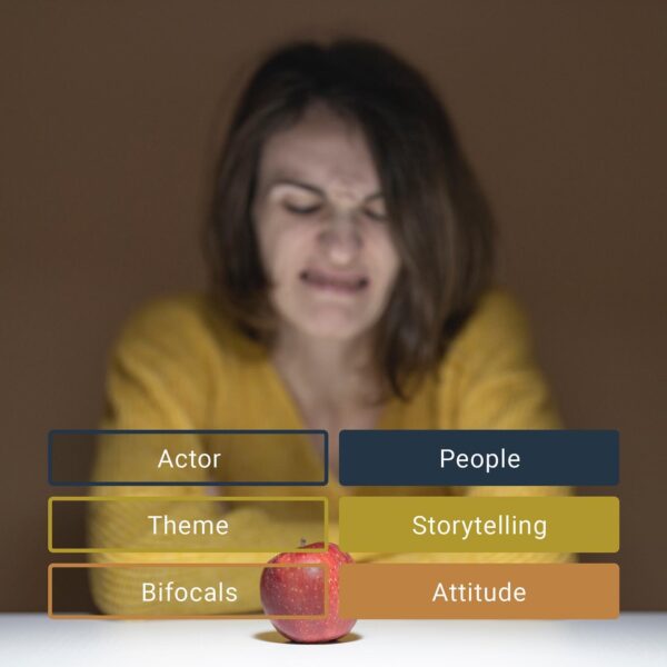 woman scowling at a fruit