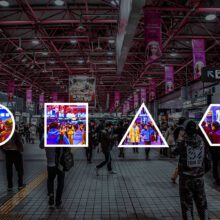 a busy subway station with crowds of people bustling to their trains
