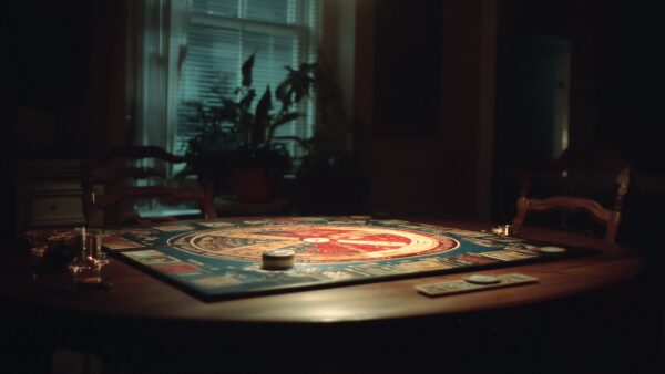 a board game sits on a table in a dining room. a light shines down on the game