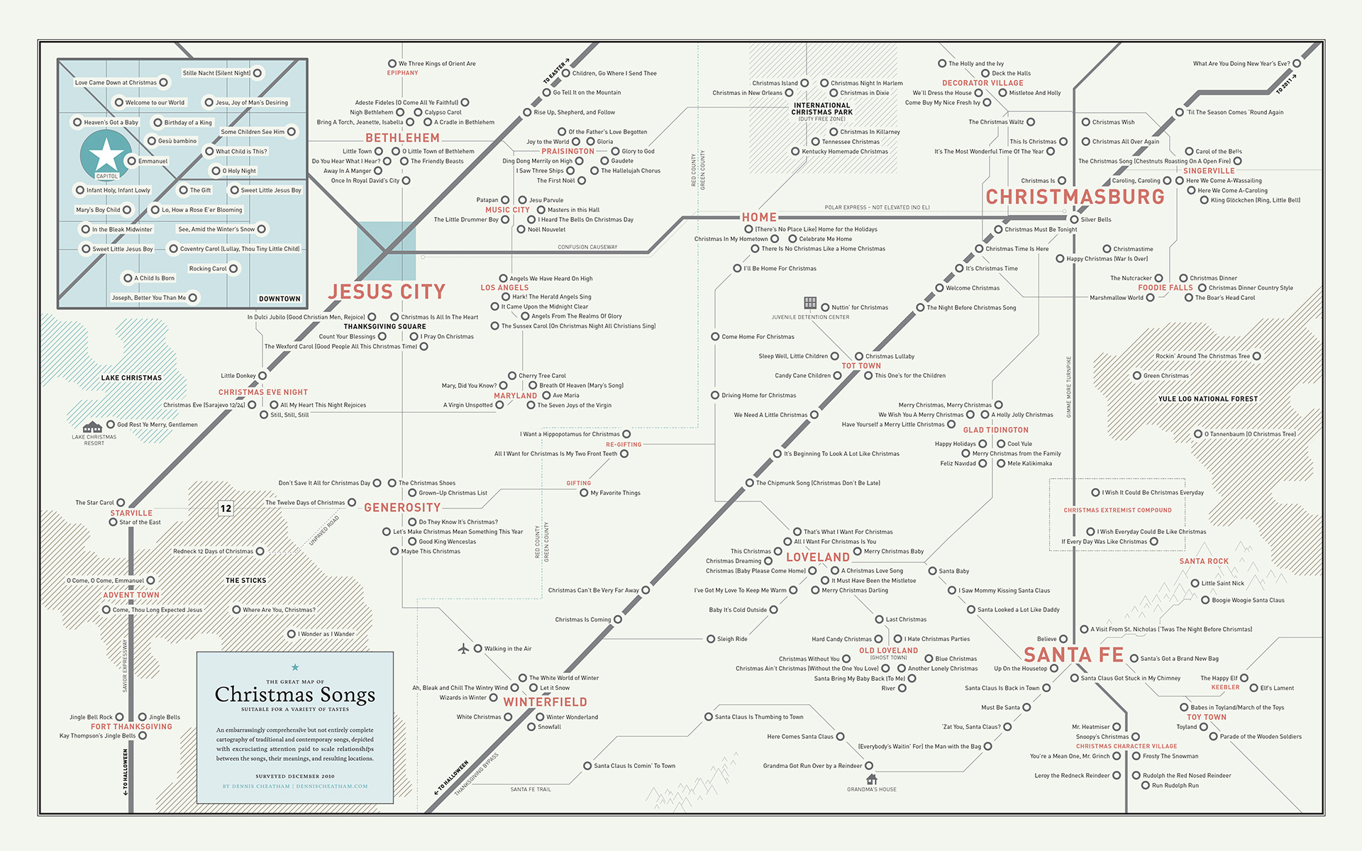a map of christmas songs rendered like a roadmap