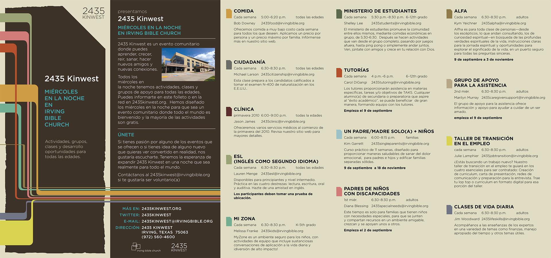 Bilingual tri-fold brochure design for the 2435 Kinwest community program, presenting weekly classes, support groups, and events with a color-coded information system and modern retro-inspired branding.