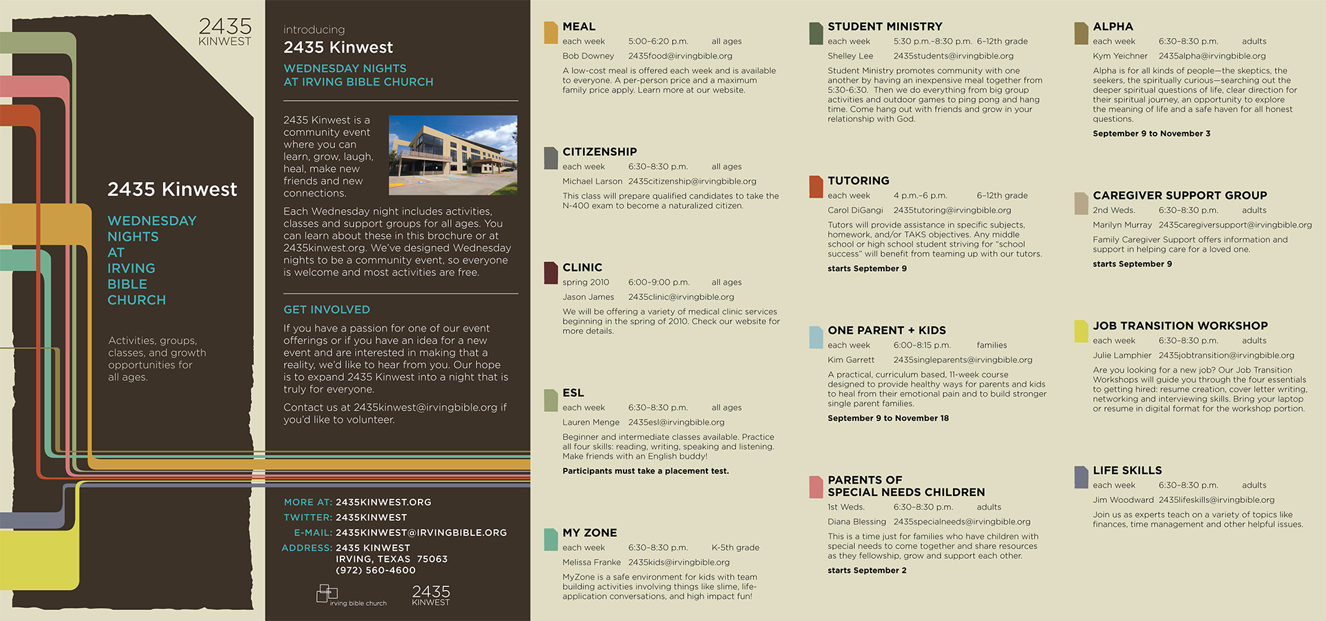 Tri-fold brochure for the 2435 Kinwest community outreach initiative featuring bilingual English and Spanish content, retro-inspired branding, and organized listings of educational and support programs.