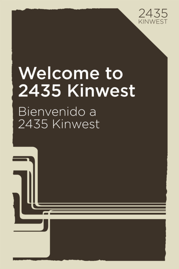 Welcome sign for the 2435 Kinwest community program featuring bilingual messaging, bold typography, and a retro-inspired graphic identity built from layered rounded lines.