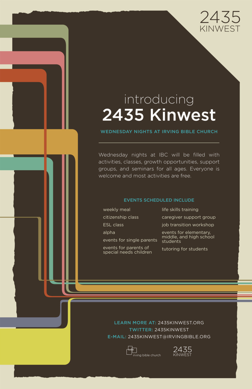 Promotional poster introducing the 2435 Kinwest community outreach program, featuring retro-inspired branding, bilingual messaging, and a structured list of weekly educational and support programs.