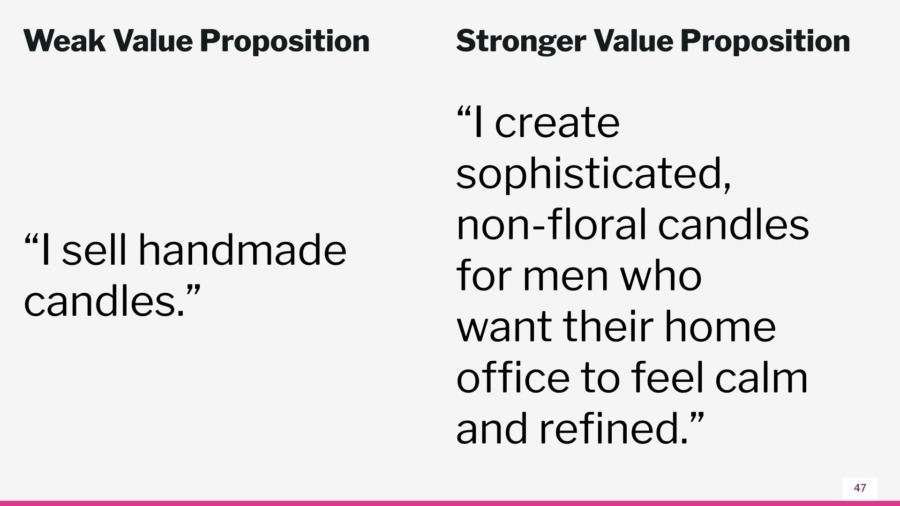a presentation slide that shows two value proposition statements—one strong and one weak