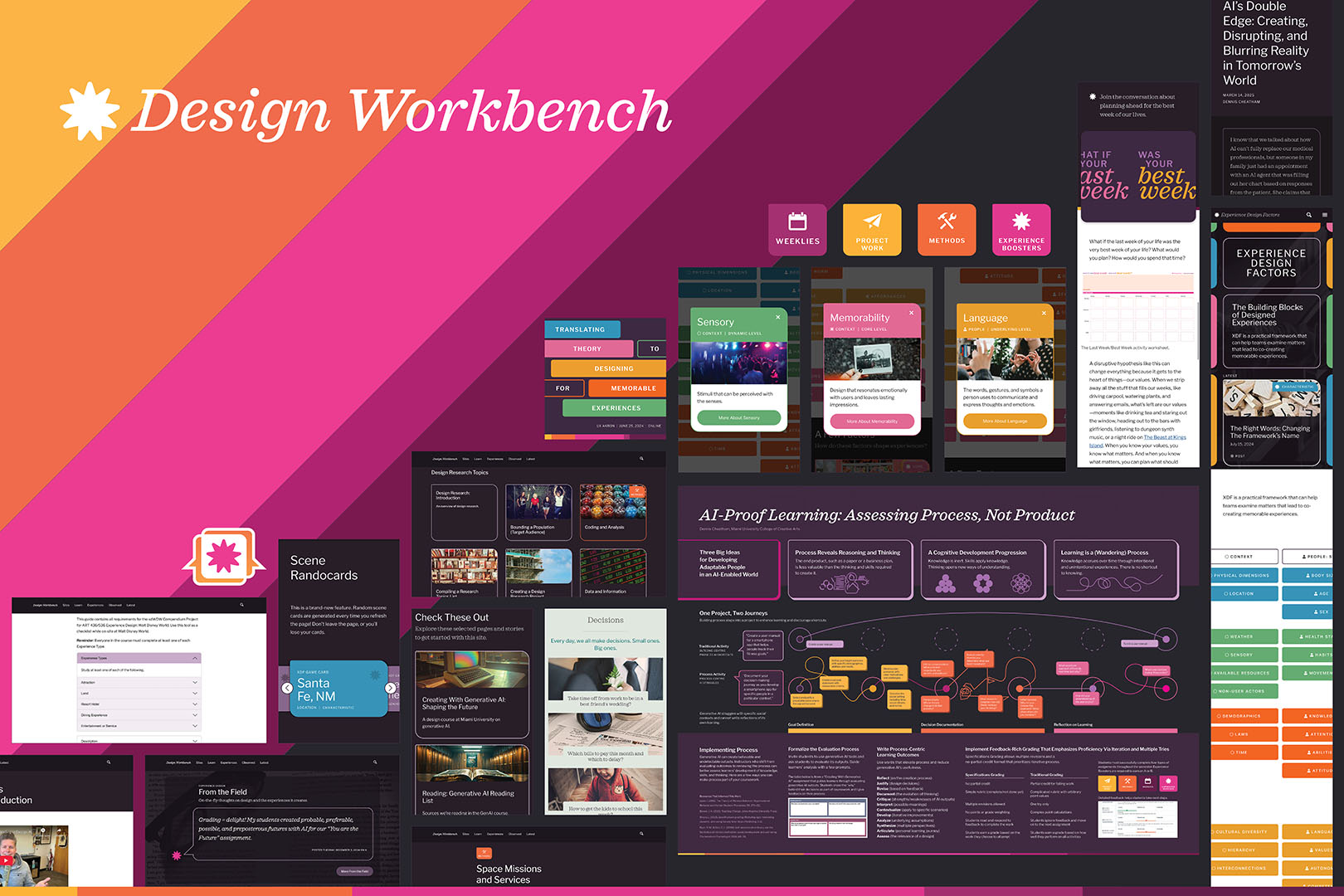 a colorful poster of design workbench logos, website screenshots, and logos