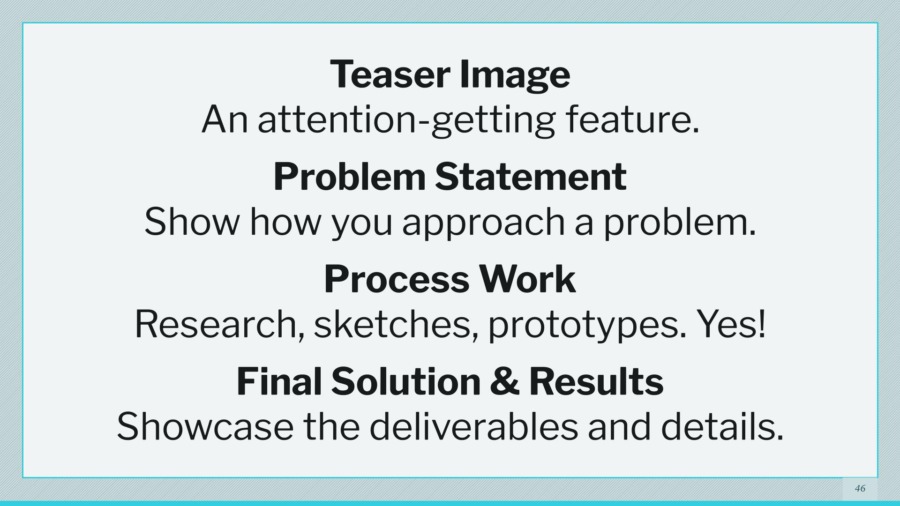 a slide that lists crucial components of a portfolio page