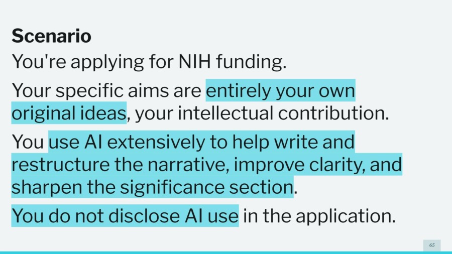 A presentation slide showing a scenario for AI use to prompt discussion.