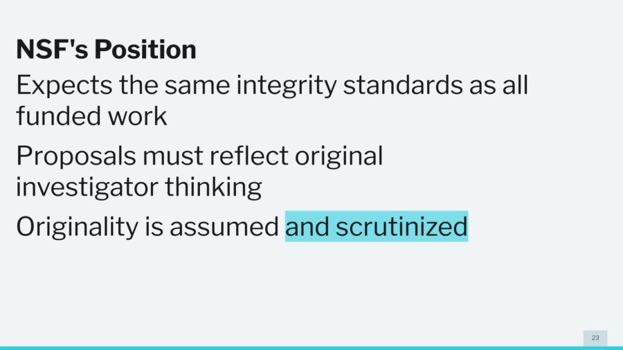 A presentation slide showing NSF's stance on AI use.