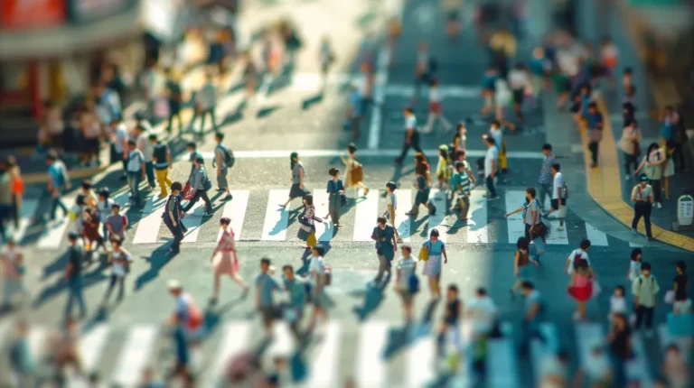 a tilt-shift effect of toy-like people crossing a street at a busy city crosswalk