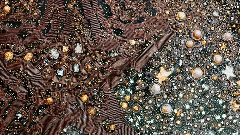 a pattern of circuits and ornate objects connected
